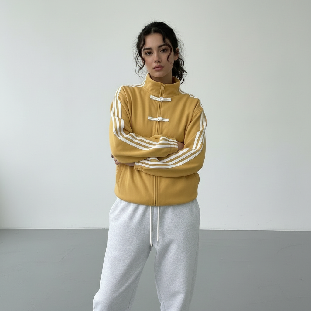 Veste de survêtement femme rétro rayures contrastantes boutons décoratifs coupe relaxed