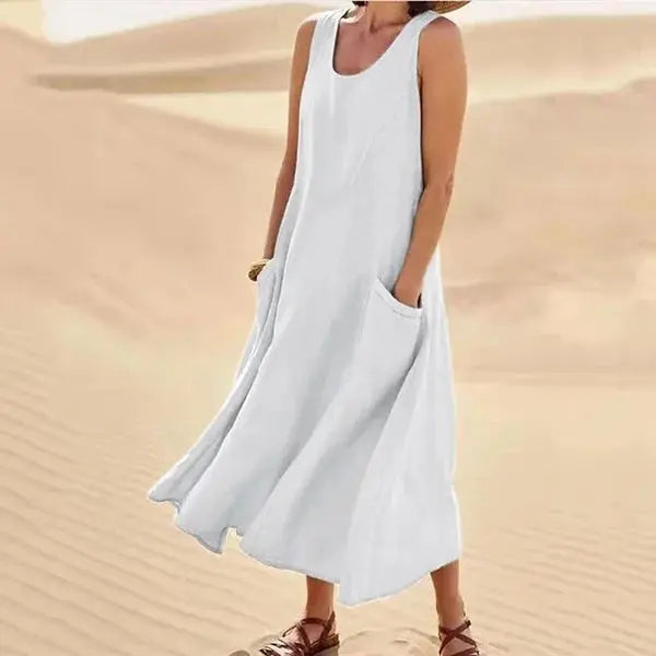 Robe en lin femme longue décontractée élégante avec poches