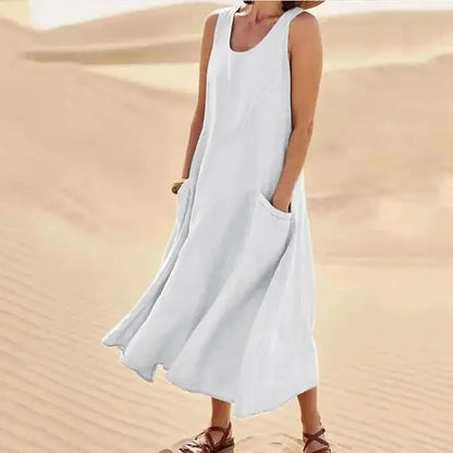 Robe en lin femme longue décontractée élégante avec poches