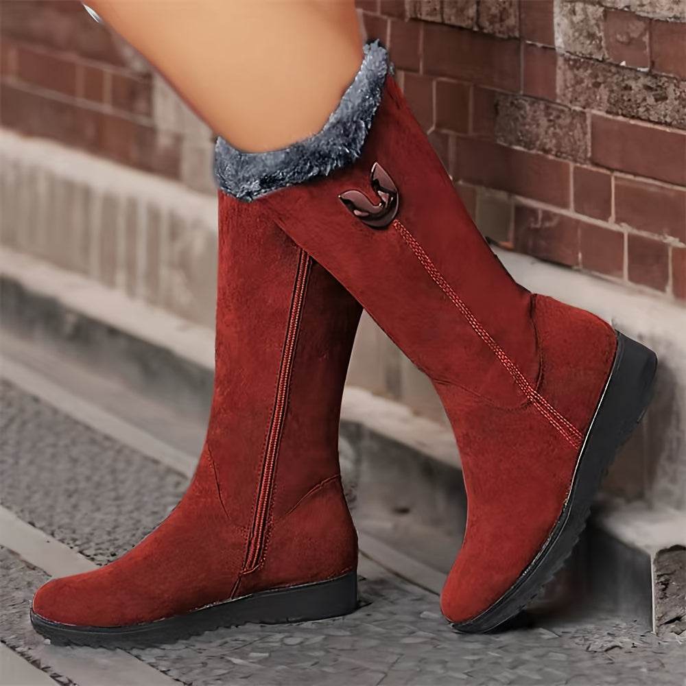 Bottes mi-mollet femme plates avec revers fourrure et zip latéral