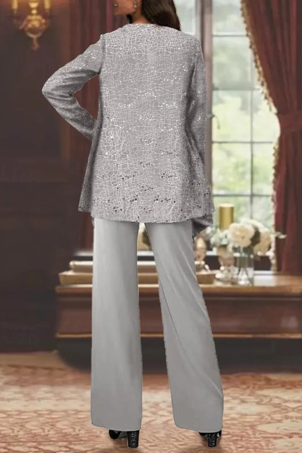 Femme Ensemble 3 Pièces Dentelle Paillettes Veste Pantalon