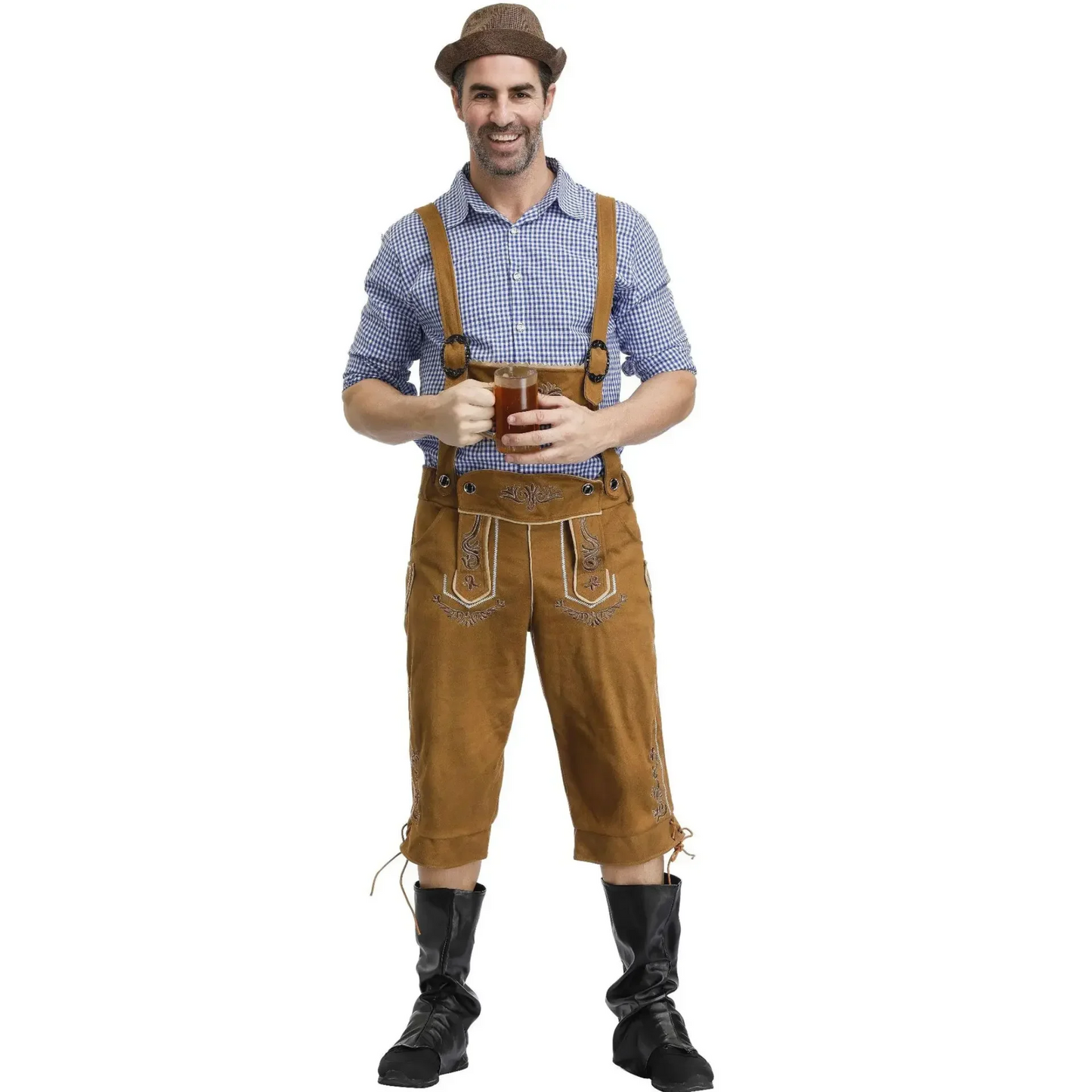 Herren Lederhosen - Cuir de haute qualité - Bretelles & Chemise - Tenue traditionnelle de fête