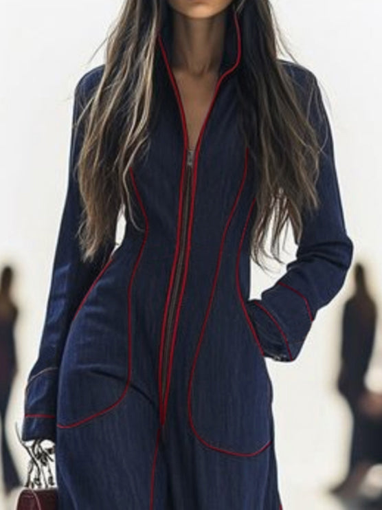 Combinaison en denim | Jambes larges, manches longues, col montant