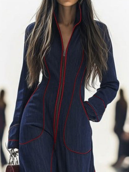 Combinaison en denim | Jambes larges, manches longues, col montant