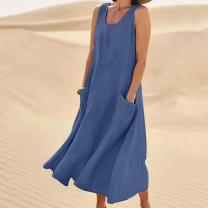 Robe en lin femme longue décontractée élégante avec poches