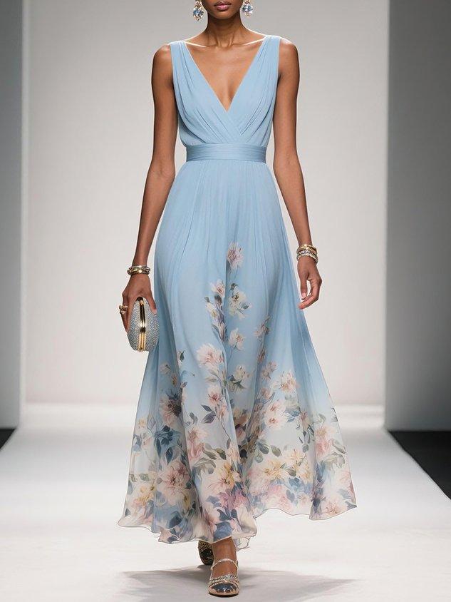 Robe florale femme invitée mariage col V silhouette fluide trapèze