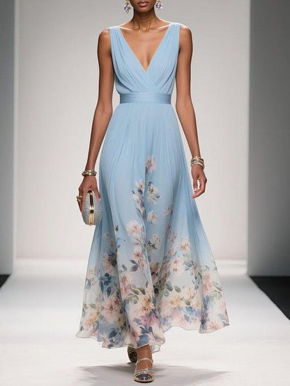 Robe florale femme invitée mariage col V silhouette fluide trapèze