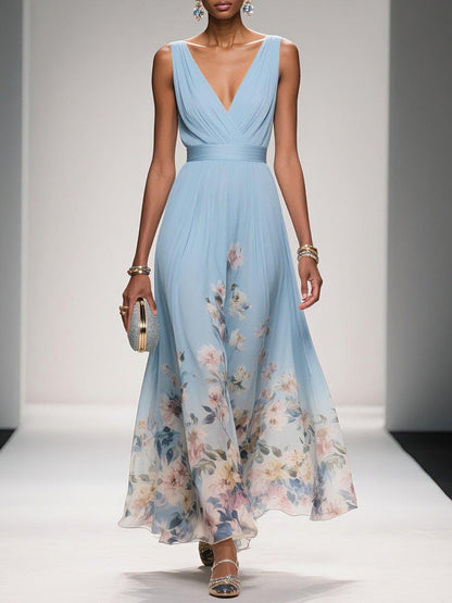 Robe florale femme invitée mariage col V silhouette fluide trapèze