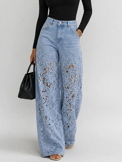 Pantalon large femme denim dentelle florale taille haute coupe jambe large