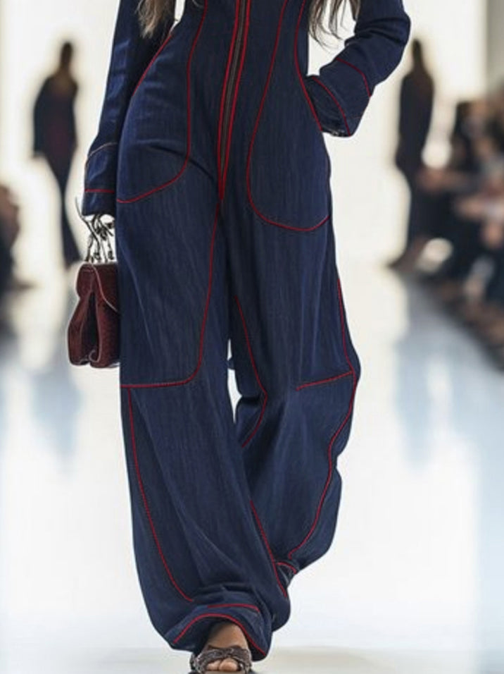 Combinaison en denim | Jambes larges, manches longues, col montant