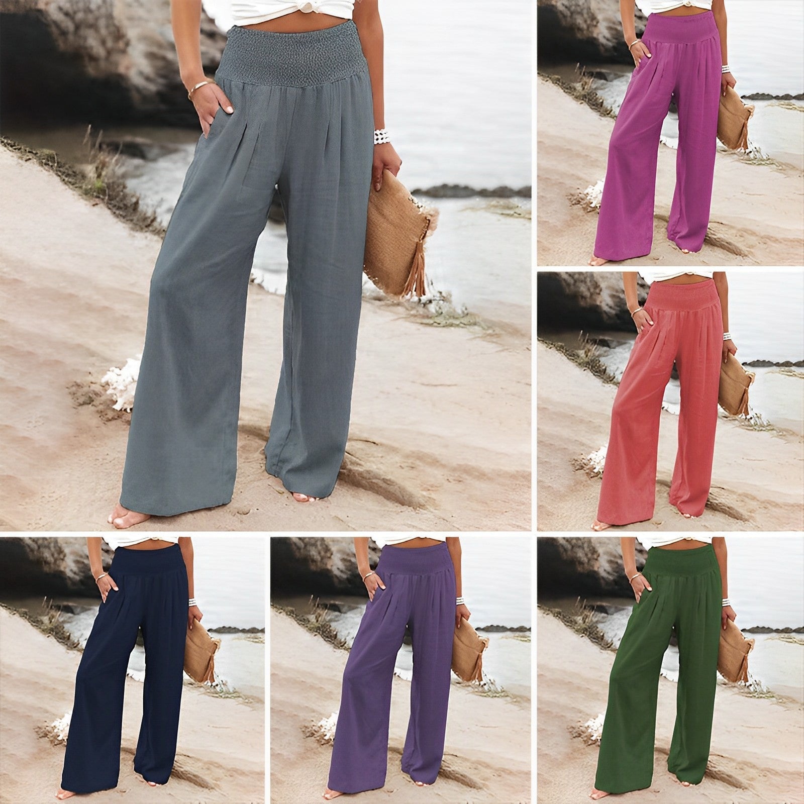Pantalon femme jambes larges | Taille haute, Smocké | Confort