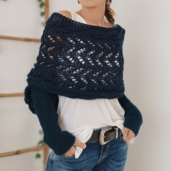 Écharpe femme tricot double manches châle hiver longue 260 cm