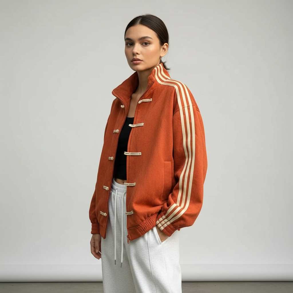 Veste de survêtement femme rétro rayures contrastantes boutons décoratifs coupe relaxed