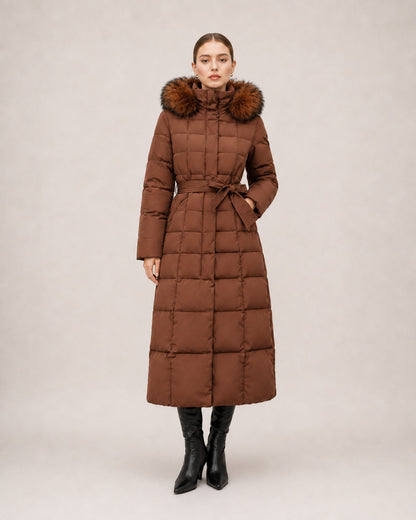 Doudoune longue femme capuche fourrure avec ceinture matelassée mi-mollet