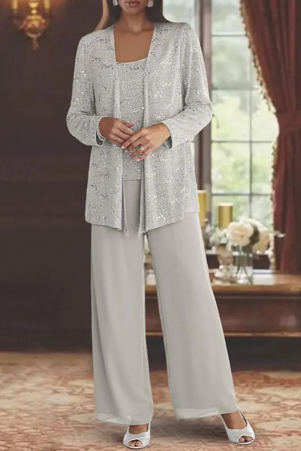 Femme Ensemble 3 Pièces Dentelle Paillettes Veste Pantalon