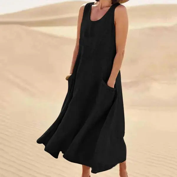 Robe en lin femme longue décontractée élégante avec poches