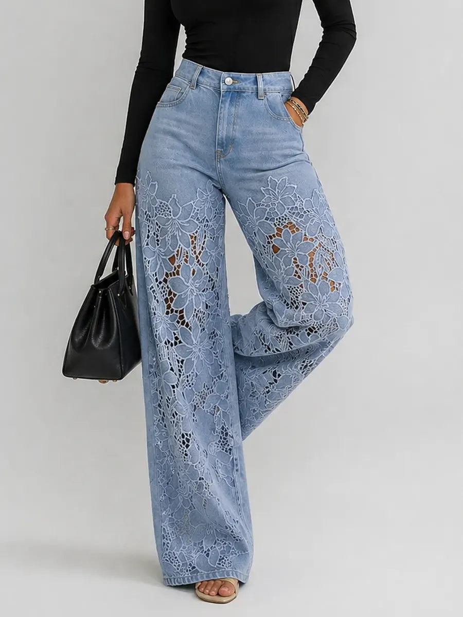 Pantalon large femme denim dentelle florale taille haute coupe jambe large