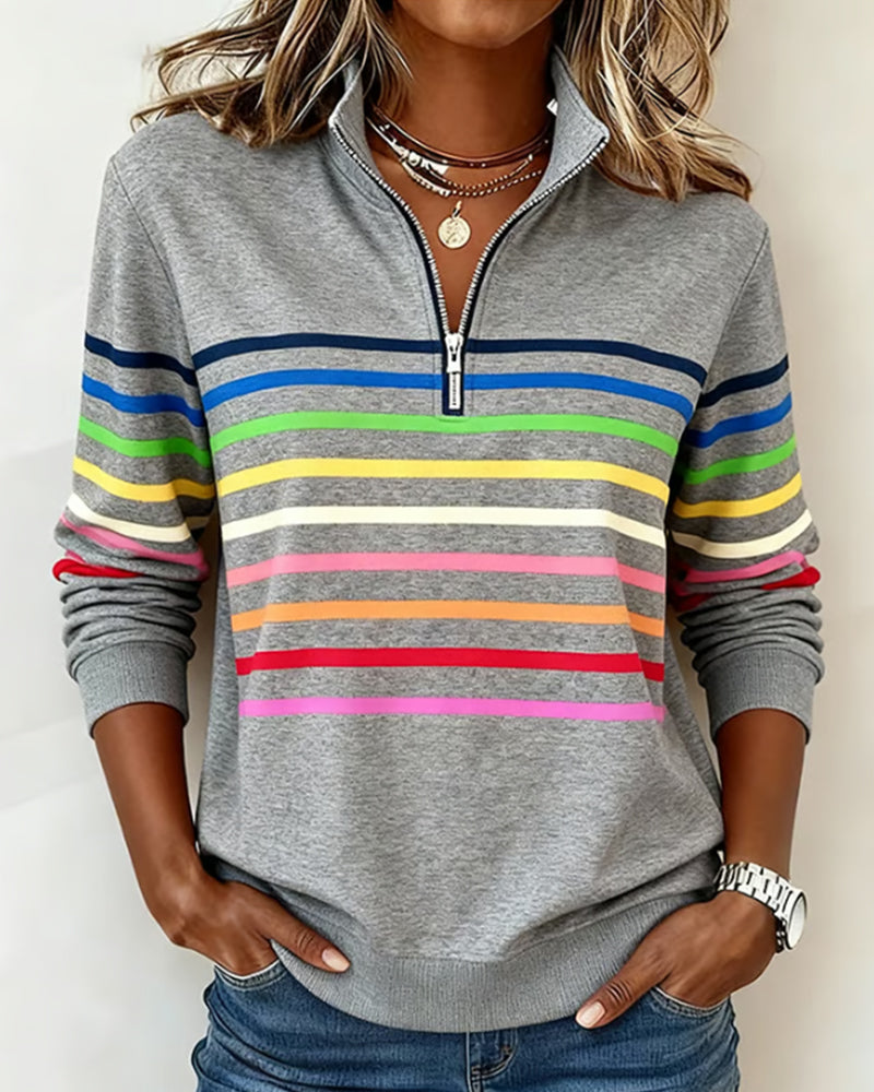 Pull-over rayé | Fermeture éclair quart | Confort doux