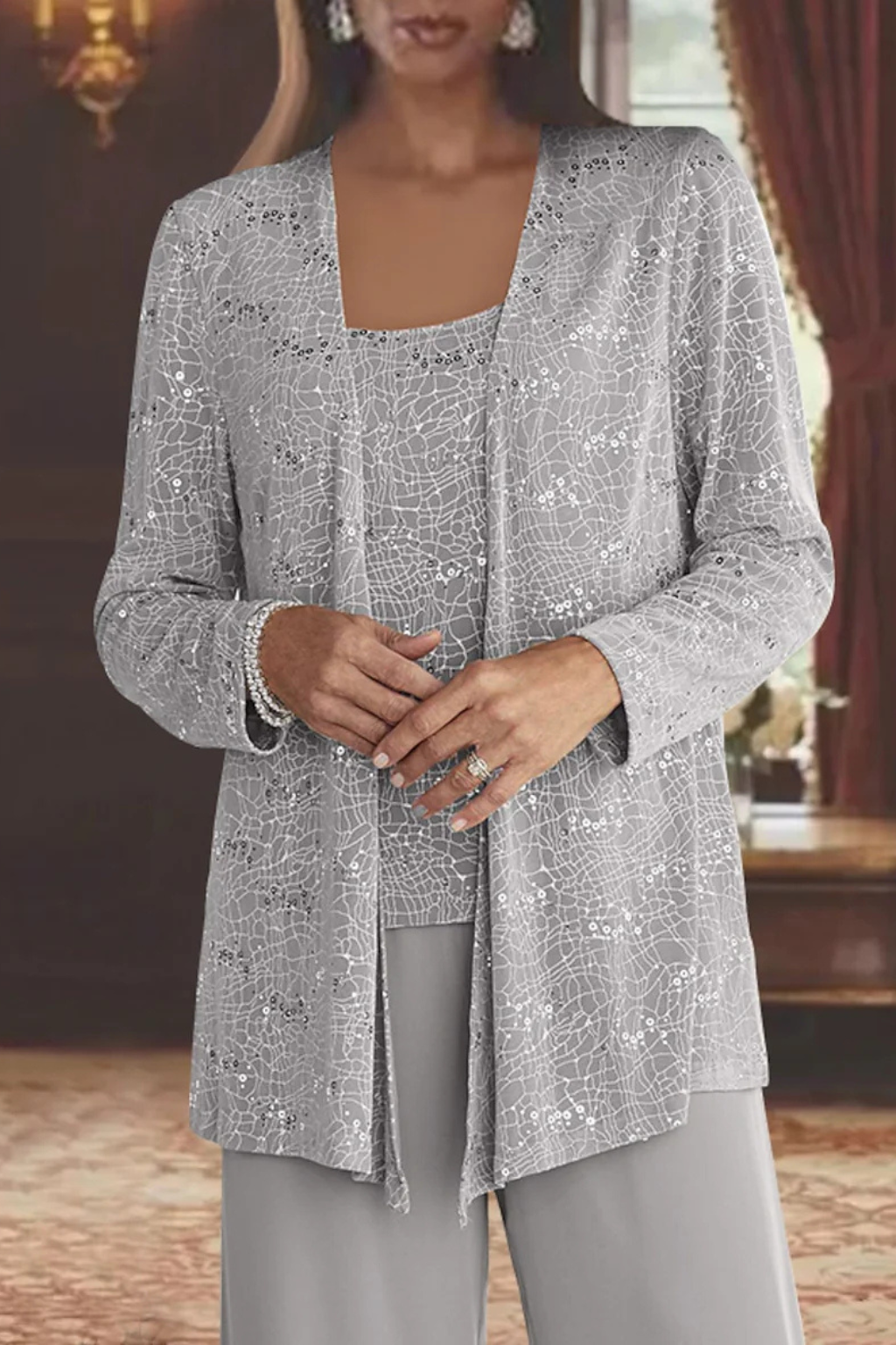 Femme Ensemble 3 Pièces Dentelle Paillettes Veste Pantalon