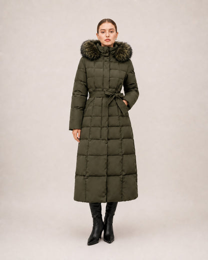 Doudoune longue femme capuche fourrure avec ceinture matelassée mi-mollet