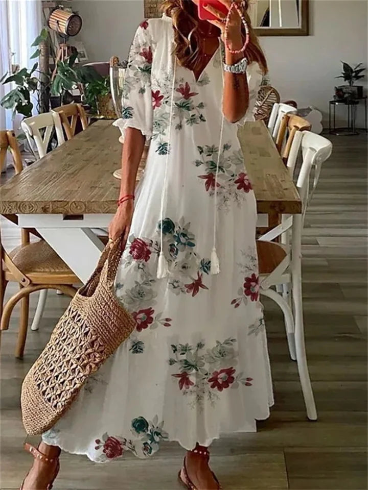 Robe Longue Femme | Imprimé Bohème, Col V | Robe d'Été Fluide