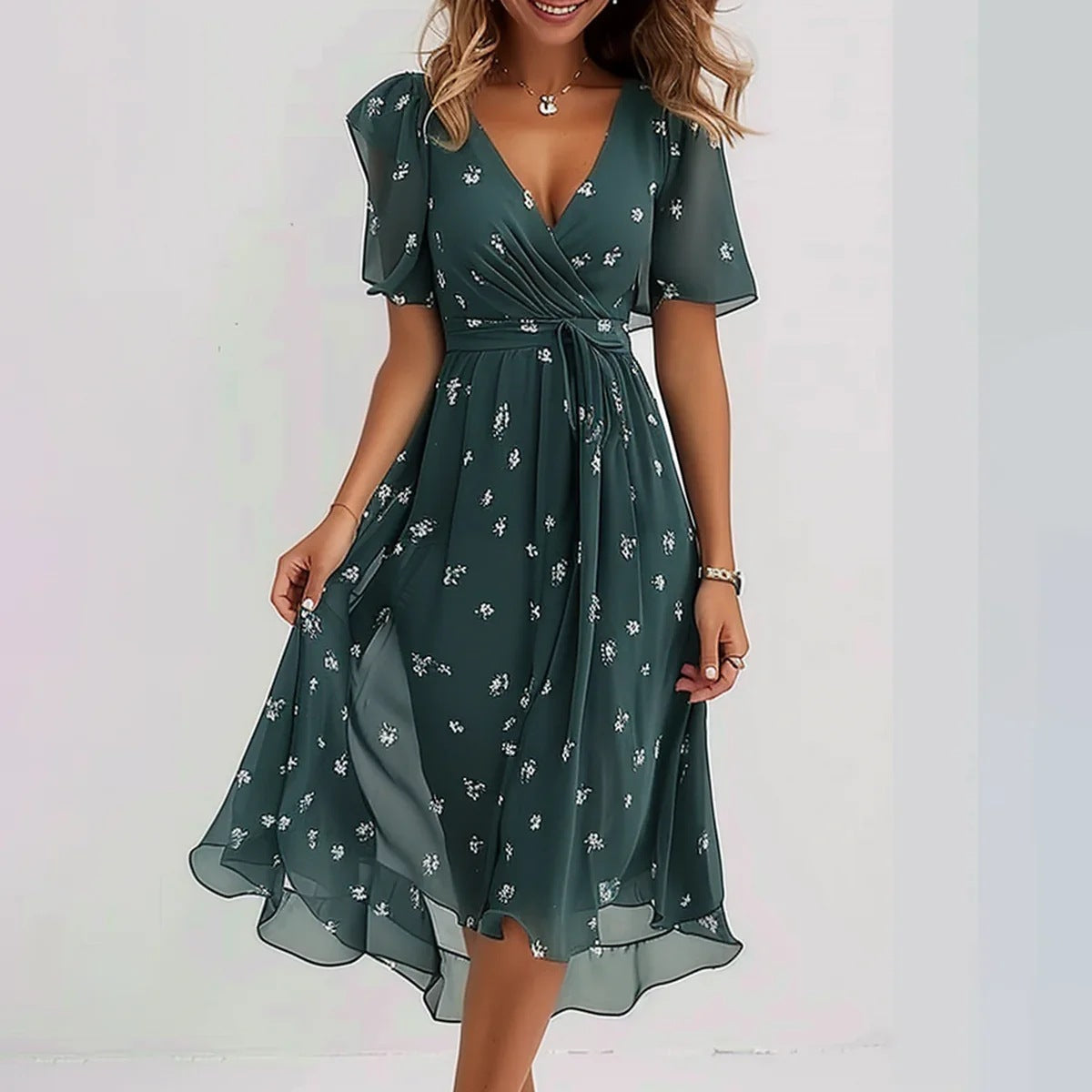 Robe de soirée femme - Décolleté en V - Élégante imprimée