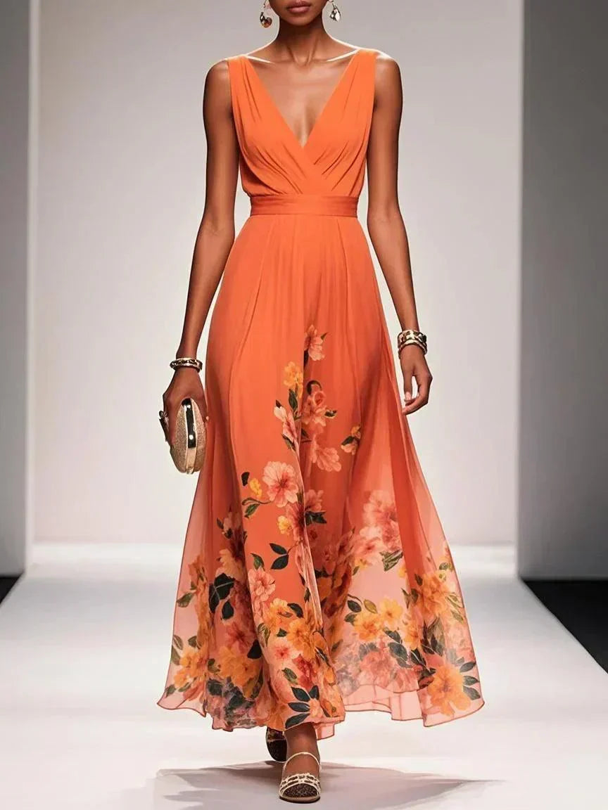 Robe florale femme invitée mariage col V silhouette fluide trapèze