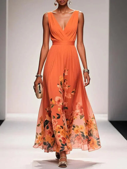 Robe florale femme invitée mariage col V silhouette fluide trapèze