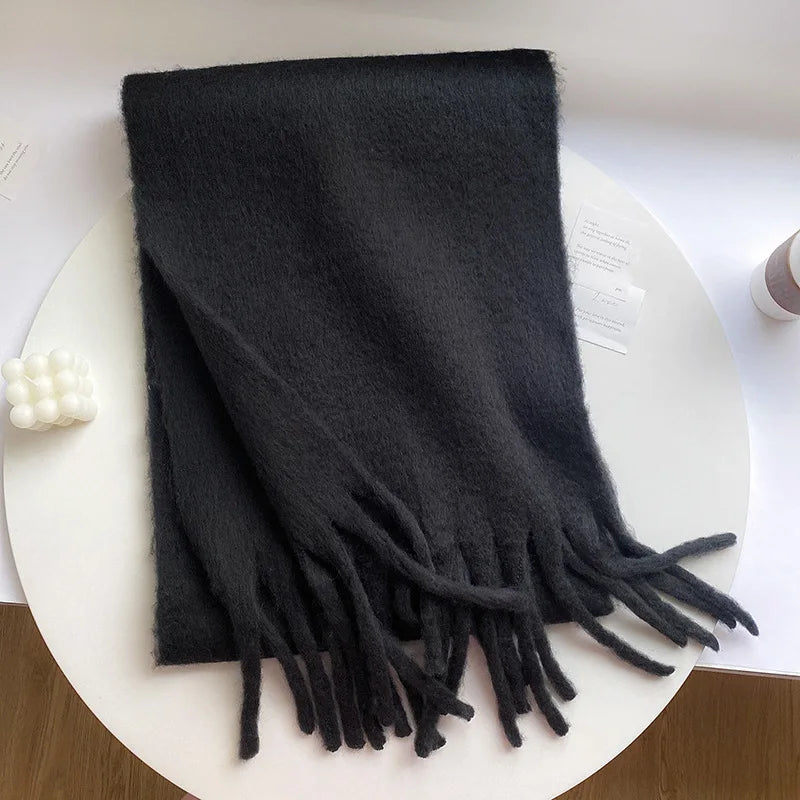 Écharpe cachemire femme hiver douce avec franges couleur unie