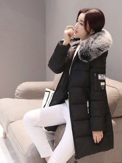 Doudoune longue femme capuche fourrure hiver, col fourrure et fermeture zip