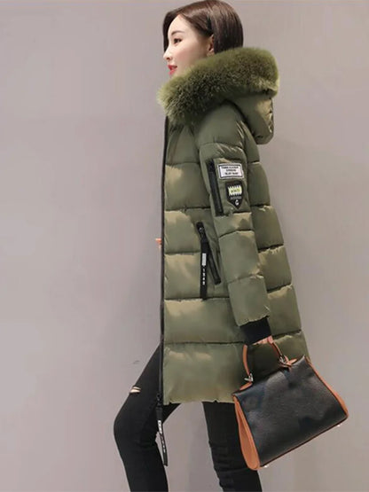 Doudoune longue femme capuche fourrure hiver, col fourrure et fermeture zip