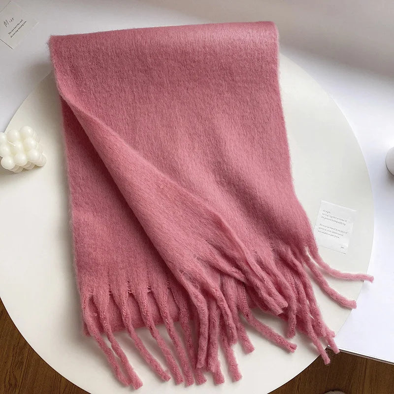 Écharpe cachemire femme hiver douce avec franges couleur unie