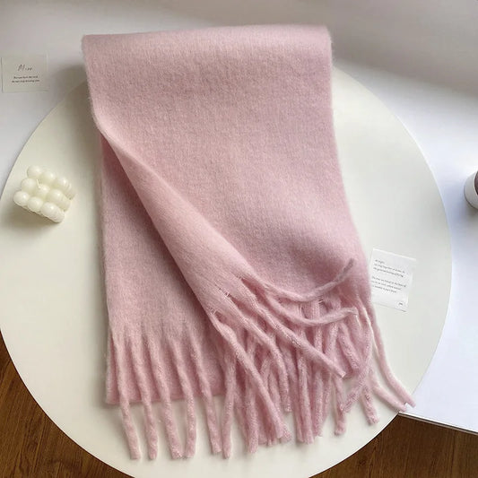 Écharpe cachemire femme hiver douce avec franges couleur unie