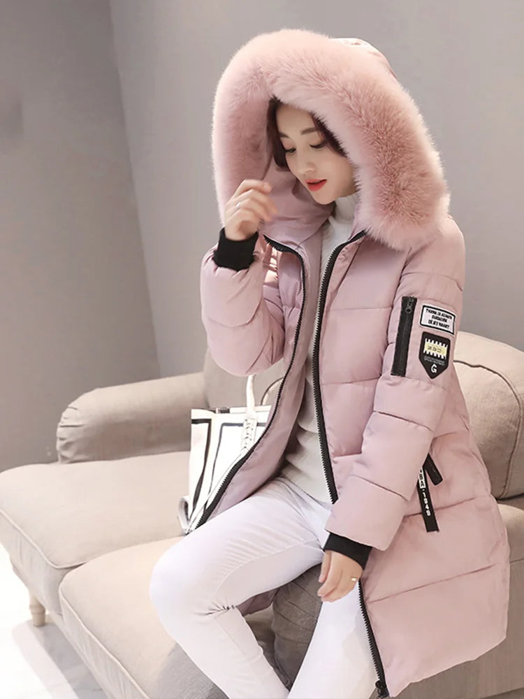 Doudoune longue femme capuche fourrure hiver, col fourrure et fermeture zip