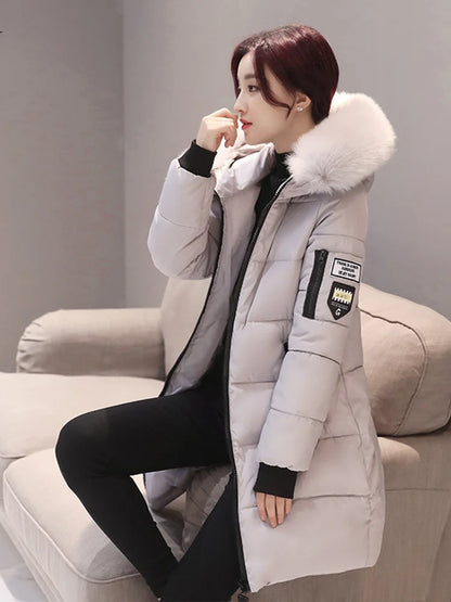 Doudoune longue femme capuche fourrure hiver, col fourrure et fermeture zip