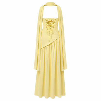 Robe de soirée maxi sans bretelles taille asymétrique fente haute