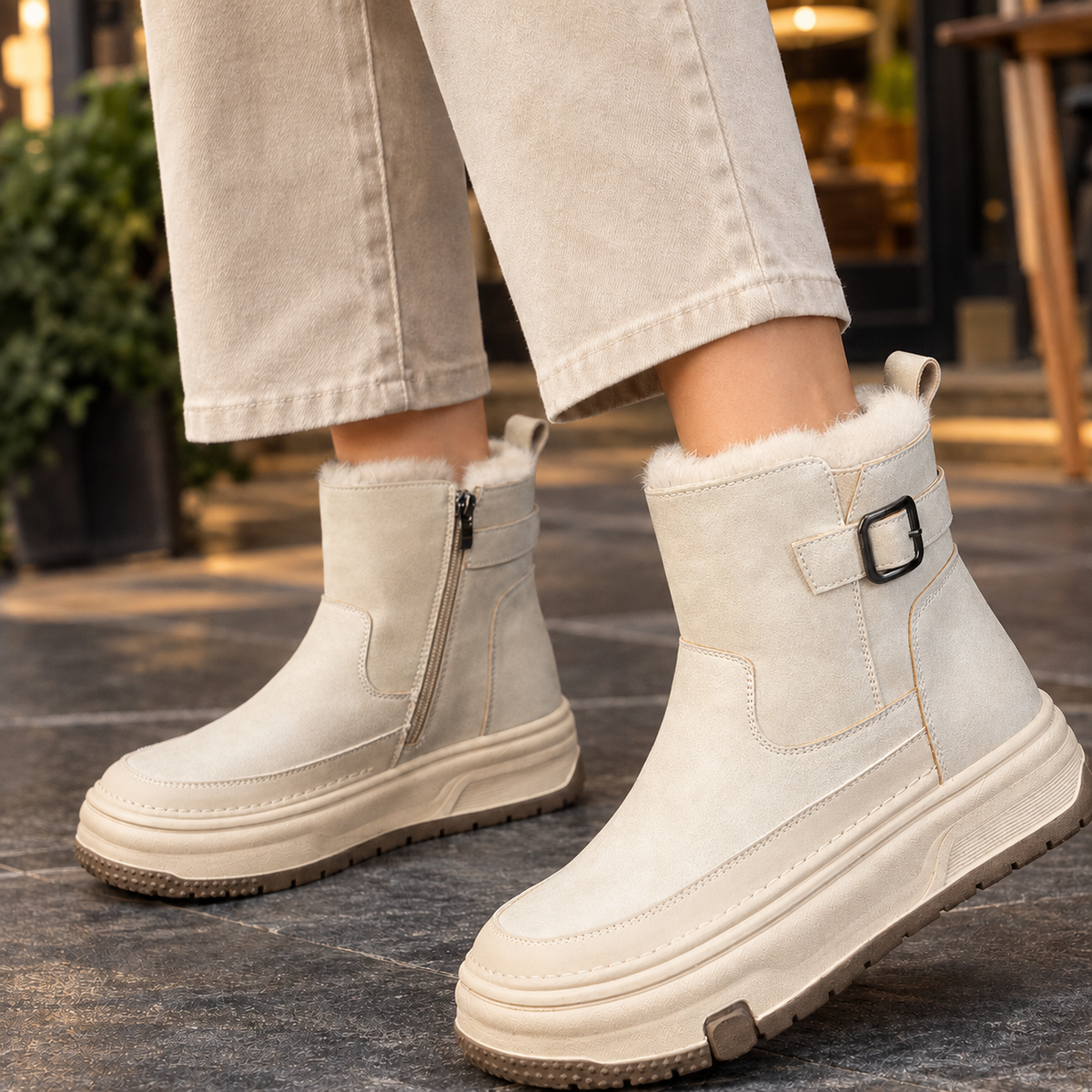 Bottines femme fourrées cuir plateforme zippées avec boucle, idéales pour l'hiver