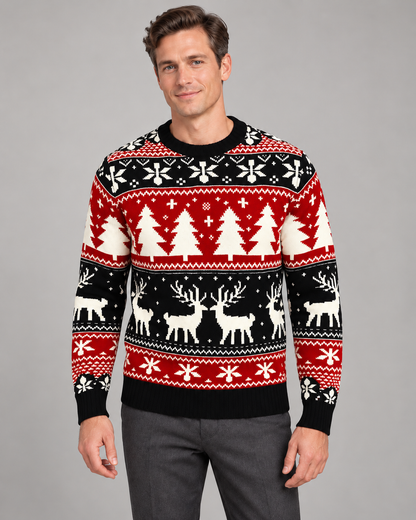 Pull de Noël homme jacquard renne col rond motif flocons et sapins