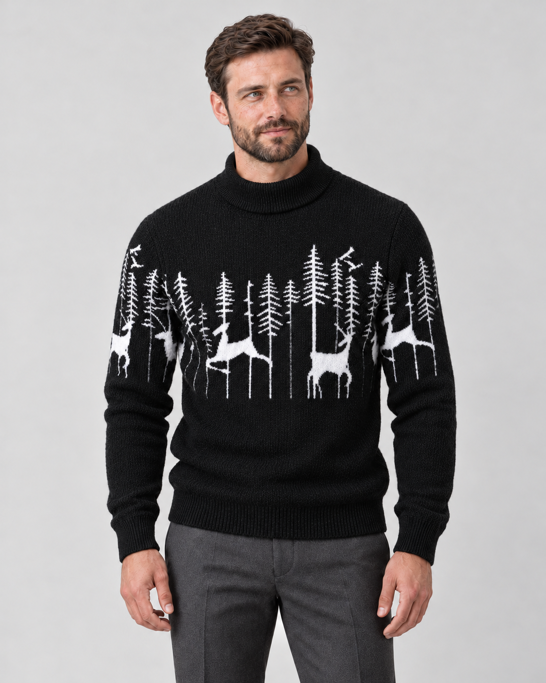 Pull de noël homme jacquard renne avec col montant et motif sapin