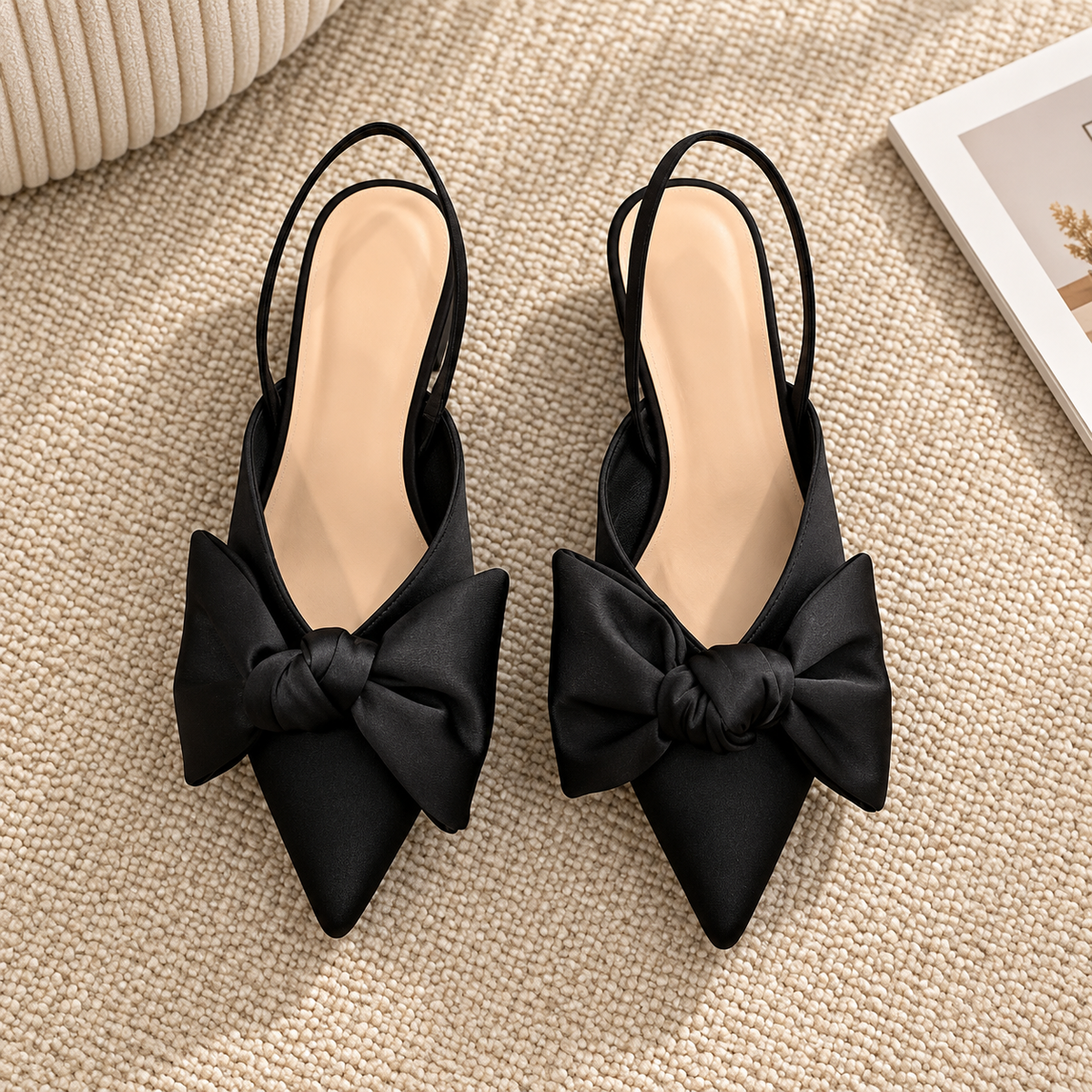 Dámské lodičky | slingback s mašlí a špičatou špičkou | elegantní blokový podpatek