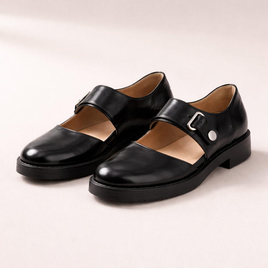 Chaussures Mary Jane pour femmes | Cuir noir, sangle boucle | Ballerines confortables plates