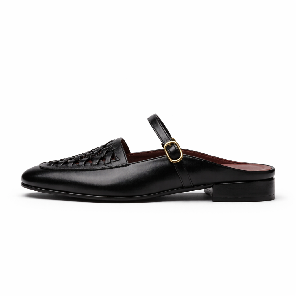 Mules Mary Jane pour femmes cuir tressé bout carré marron noir