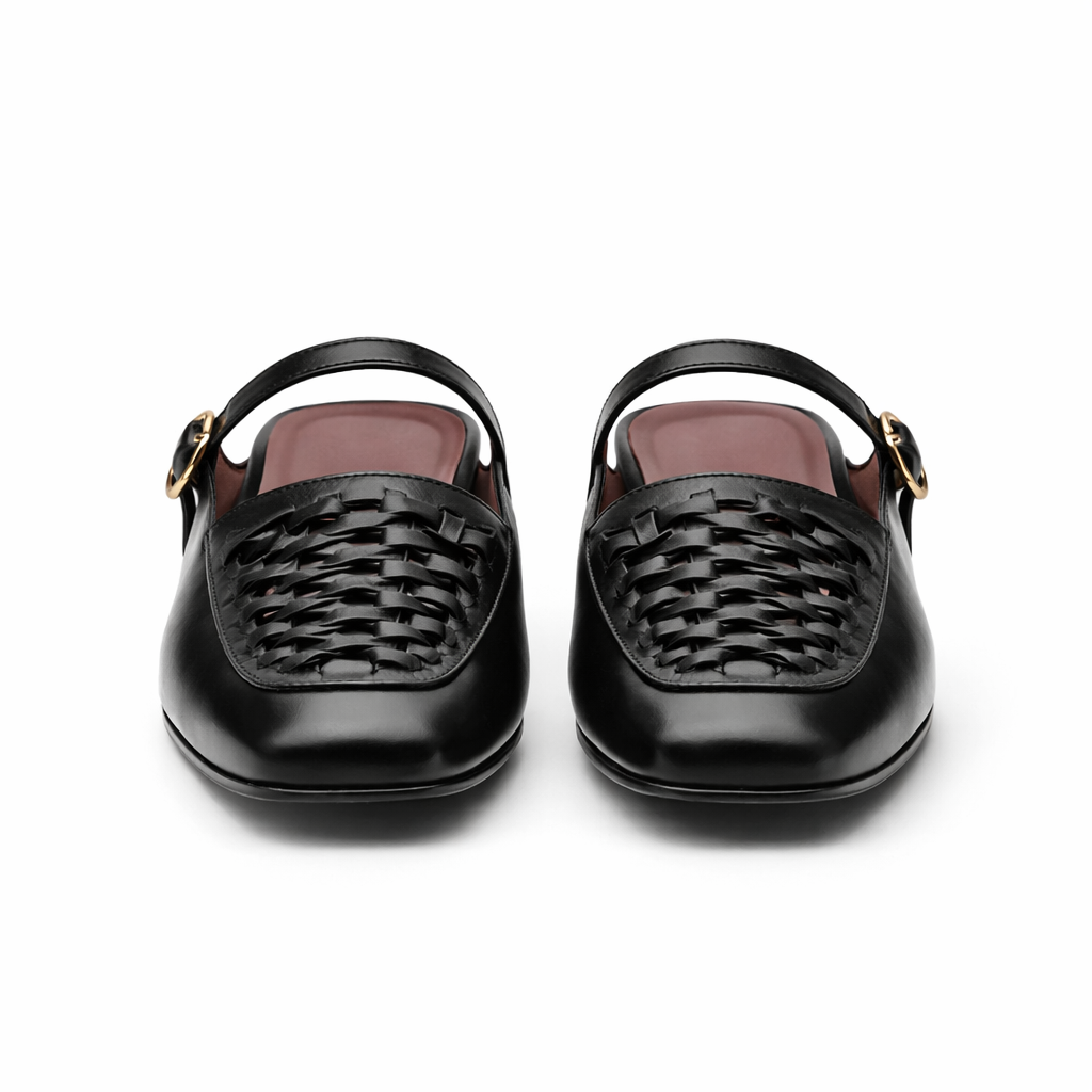 Mules Mary Jane pour femmes cuir tressé bout carré marron noir