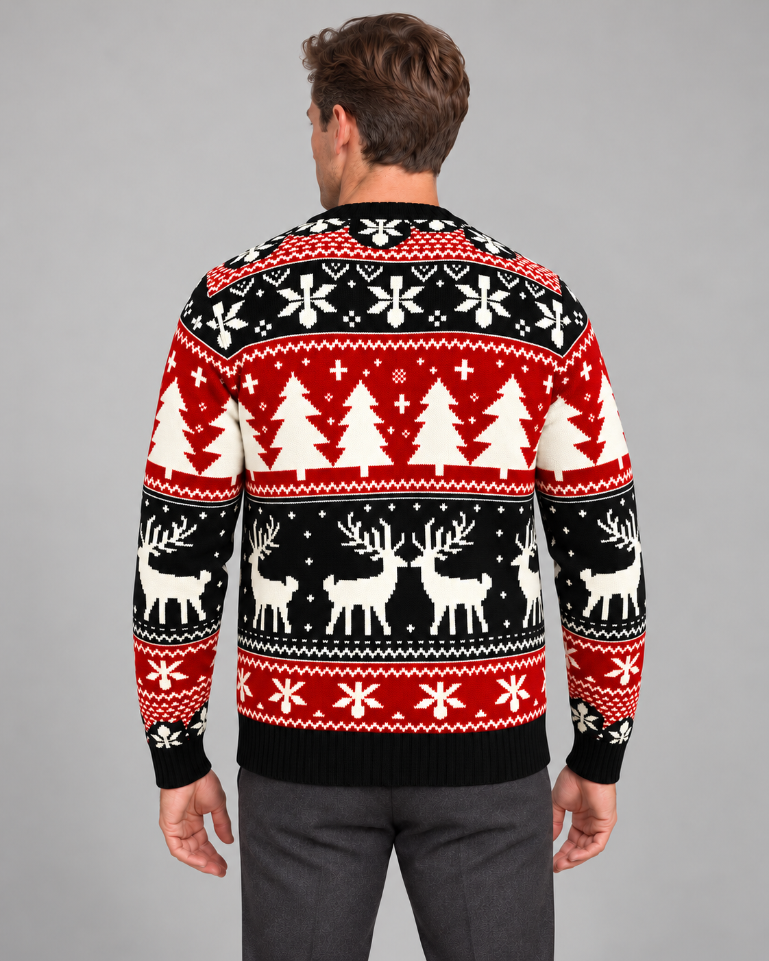 Pull de Noël homme jacquard renne col rond motif flocons et sapins