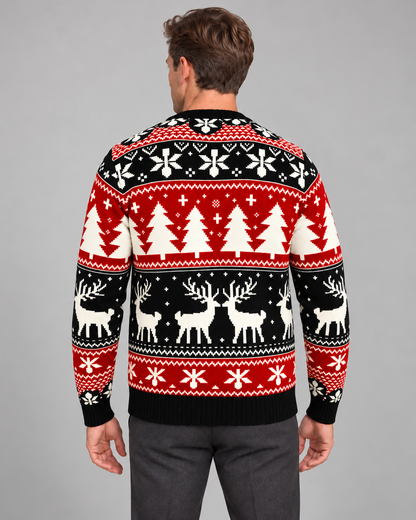 Pull de Noël homme jacquard renne col rond motif flocons et sapins
