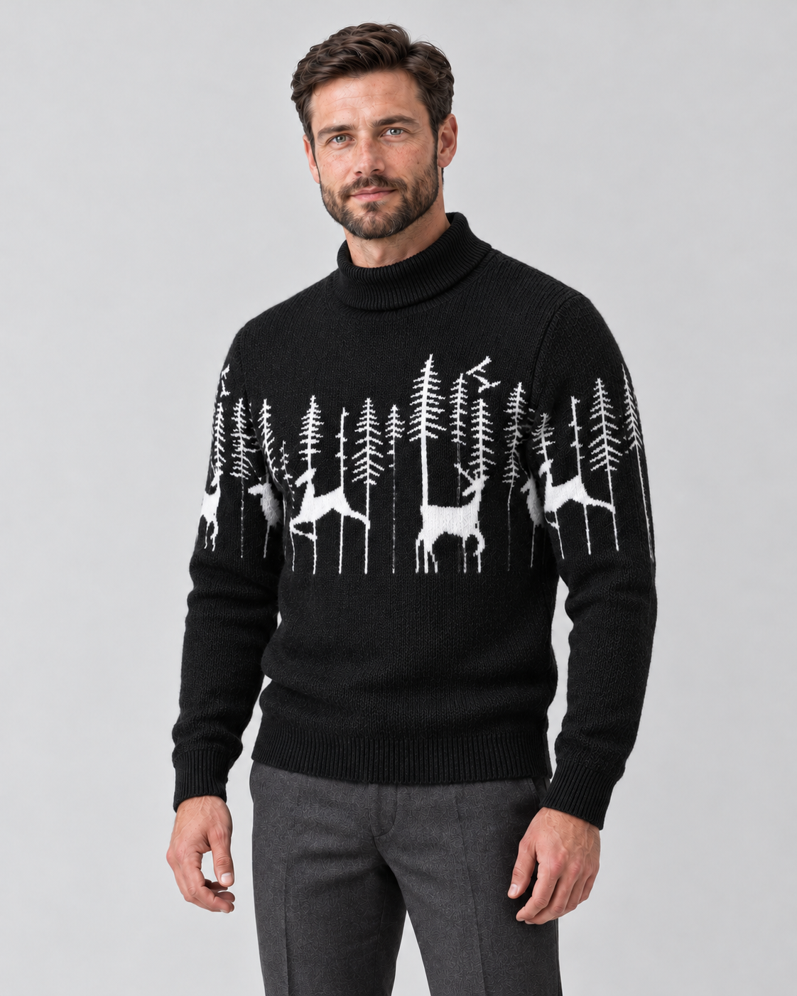 Pull de noël homme jacquard renne avec col montant et motif sapin