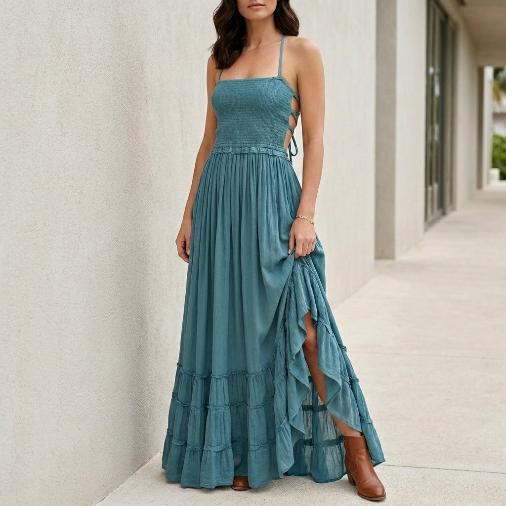 Robe Maxi | Dos Ouvert, Smocké | Style Bohème Estival
