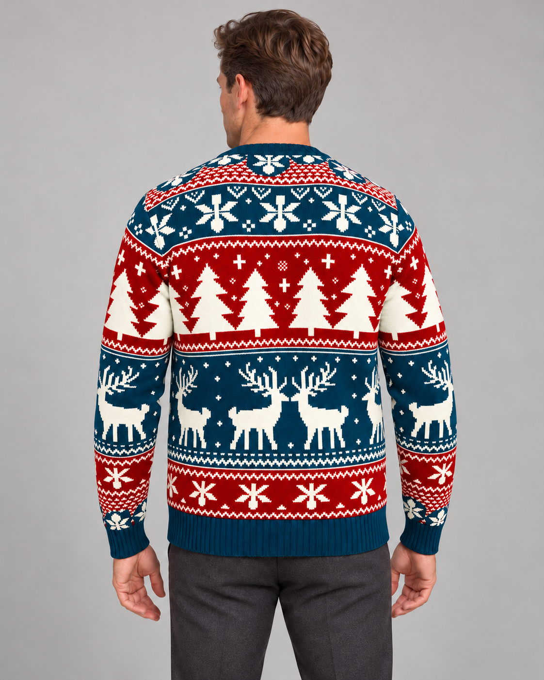 Pull de Noël homme jacquard renne col rond motif flocons et sapins