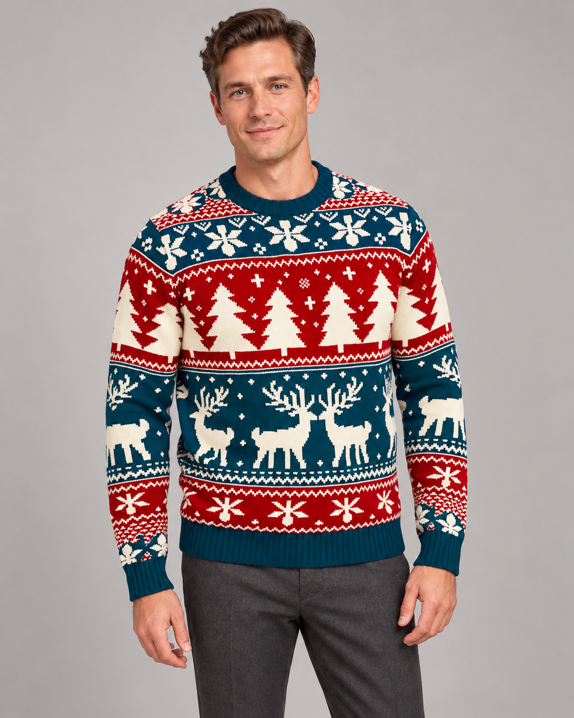 Pull de Noël homme jacquard renne col rond motif flocons et sapins