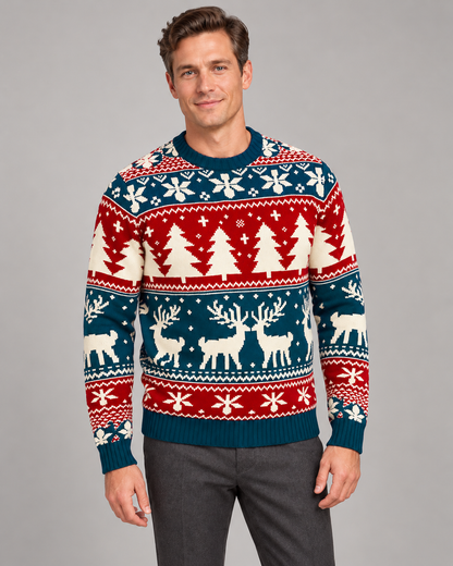 Pull de Noël homme jacquard renne col rond motif flocons et sapins
